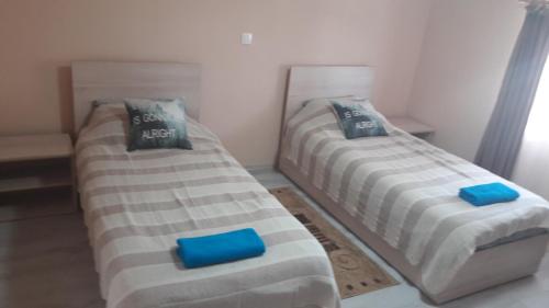 2 Betten in einem Zimmer mit blauen Kissen darauf in der Unterkunft Casa AnaMaria in Turda