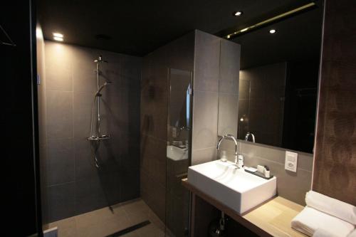 a bathroom with a sink and a shower at Amosa Liège City Centre Hotel in Liège