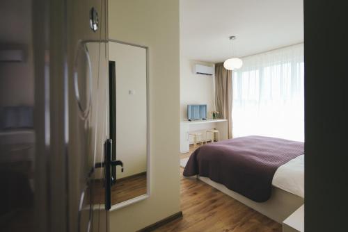 巴亞馬雷的住宿－Camelia's cozy place，一间卧室配有一张床和一个带镜子的门