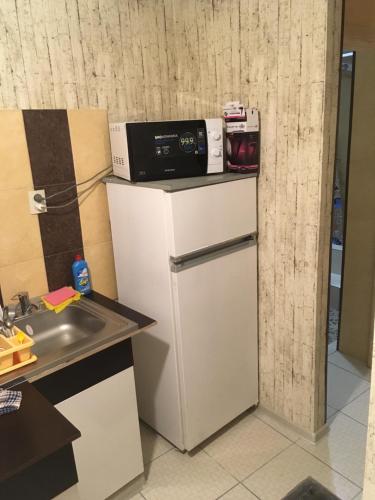 a small kitchen with a microwave on top of a refrigerator at Dom v Arkadii in Odesa