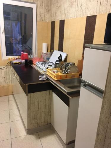 a kitchen with a counter with a sink and a refrigerator at Dom v Arkadii in Odesa