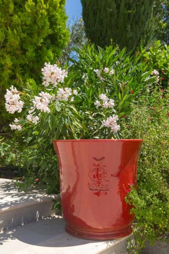 a red vase with pink flowers in it at Le Mas des Alexandrins in Uzès