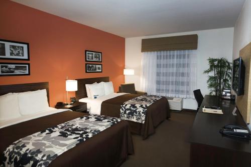 a hotel room with two beds and a desk at Sleep Inn & Suites Austin – Tech Center in Austin