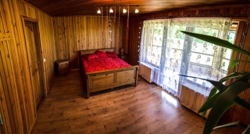 a bedroom with a bed with red pillows and a window at Lielkaibeni in Vecpiebalga