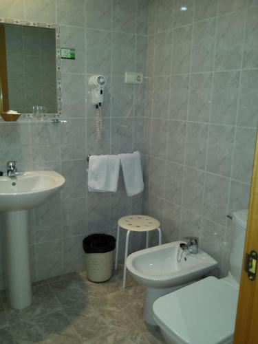 a bathroom with a sink and a toilet and a mirror at Hotel Camargo in Igollo