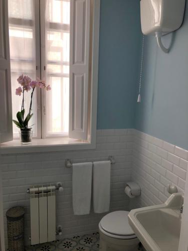 een badkamer met een toilet, een raam en een wastafel bij A Casa dos Nores Charming House in Cangas de Morrazo