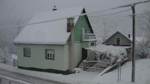 a small green and white house in the snow at Riverview apartment Three Springs Tri Zvira in Zamost