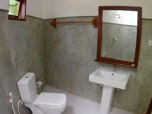 a bathroom with a toilet and a sink and a mirror at Shiva's Beach Cabanas in Tangalle