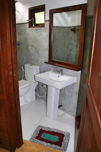 a bathroom with a sink and a toilet and a mirror at Shiva's Beach Cabanas in Tangalle