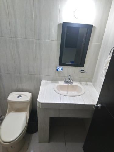 a bathroom with a sink and a toilet and a mirror at Hotel Popeye in Ciudad Valles