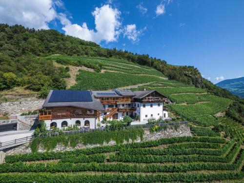 a house on a hill next to a vineyard at Hofer Hof in Feldthurns