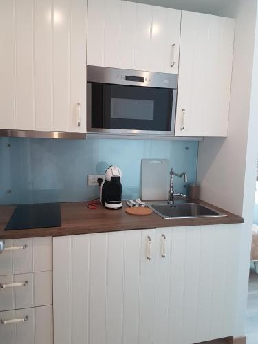 a kitchen with a sink and a microwave at Hotel Albatros 3 Stelle Superior in Lido di Jesolo