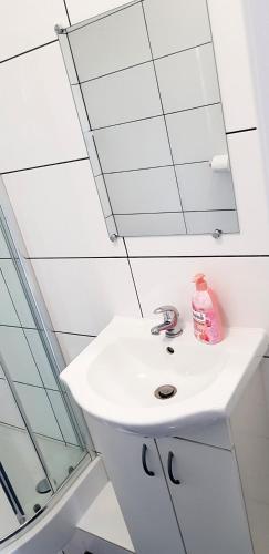 a bathroom with a sink and a mirror at Walk distance to mokotow business park in Warsaw