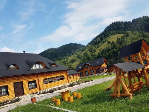 a group of wooden buildings in front of a mountain at Casa Obcina Bucovinei in Fundu Moldovei