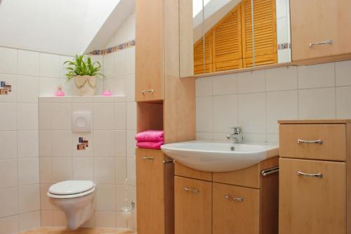 a bathroom with a sink and a toilet at An der Hainmühle in Lübben