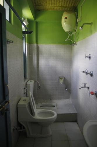 a bathroom with a toilet and a green wall at Vamoose Orchid Villa Homestay in Rinchingpong