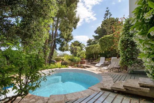 una piscina in un cortile con sedie e alberi di Amoredimare B&B in Villa a Polignano a Mare