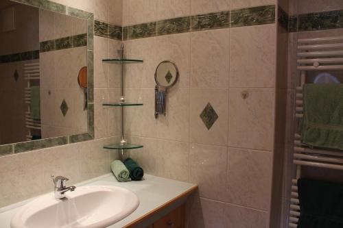 a bathroom with a sink and a mirror at Appartements Moahof Zuhaus in Alpbach