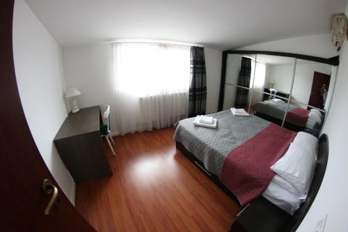 a bedroom with a bed and a large mirror at Casa Bucovineana in Suceava