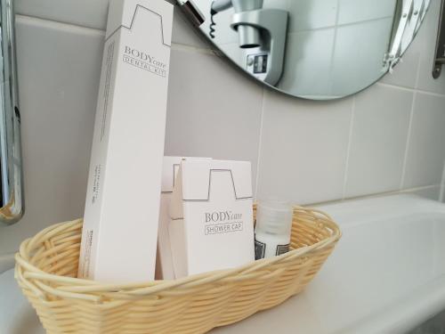 a basket on a bathroom counter with toiletries and a mirror at Nol in 't Bosch in Wageningen