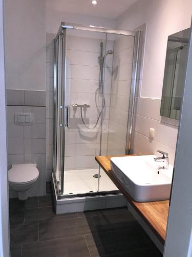 a bathroom with a shower and a sink and a toilet at "Villa Seute Deern" Trassenheide, Familie Meutzner in Trassenheide