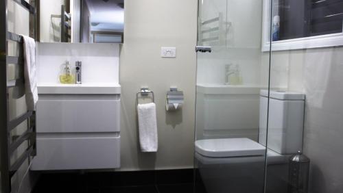 a bathroom with a toilet and a glass shower at SEA EAGLE COTTAGE Amazing views of Bay of Fires in Binalong Bay