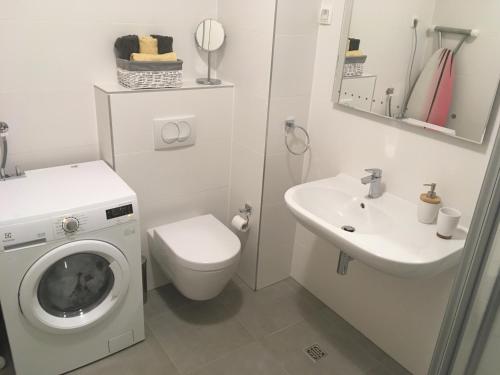 ein Badezimmer mit einer Waschmaschine und einem Waschbecken in der Unterkunft Korkyra in Zagreb
