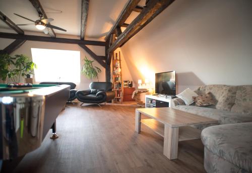 a living room with a couch and a pool table at Buri Island in Hoyerswerda