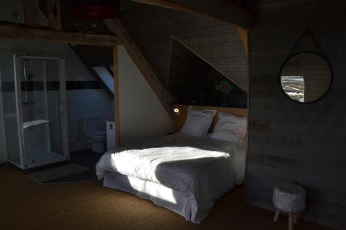una camera da letto con un letto grande in una mansarda di La Maison de pêcheur a Sarzeau