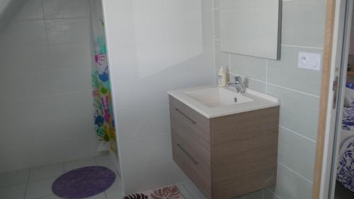 a bathroom with a sink and a shower at La ferme Guibel in Plouzélambre