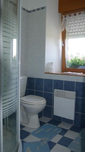 a bathroom with a toilet and a window at La ferme Guibel in Plouzélambre
