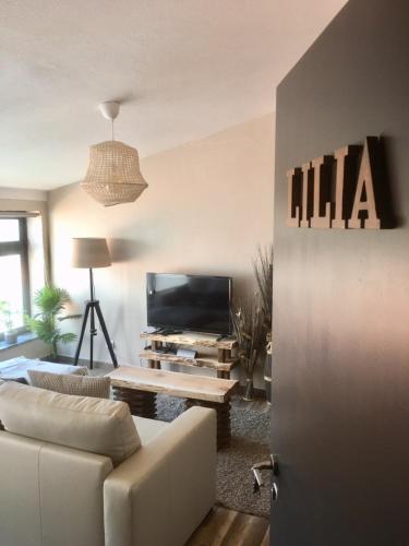 a living room with a white couch and a tv at Casa Lilia in Monchique