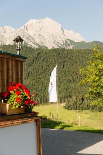 a white flag in a field with a mountain at Gasthof Kronreith in Maria Alm am Steinernen Meer