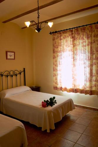 a bedroom with two beds and a window with flowers at Casas rurales amable- yeste in Cortijo Prados