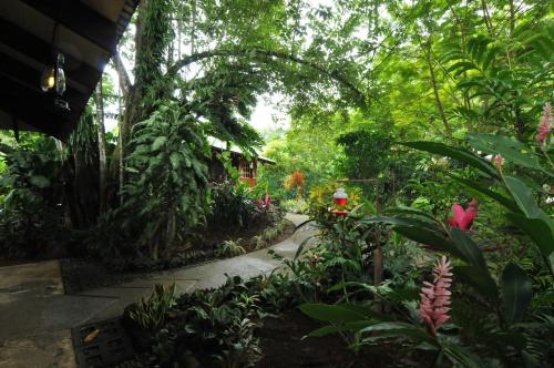 a path through a garden with flowers and trees at Las Brisas del Sur in Ojochal