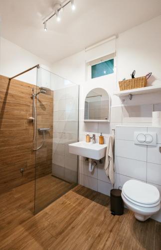 łazienka z prysznicem, toaletą i umywalką w obiekcie Riverside Pool Villa w Nowym Sadzie