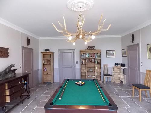 a living room with a pool table and a chandelier at Les Gîtes De Morville in Malaumont