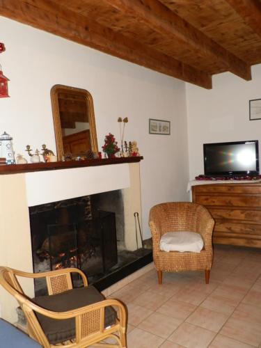 a living room with a fireplace and a television at gite des ferrieres in La Ville-ès-Nonais