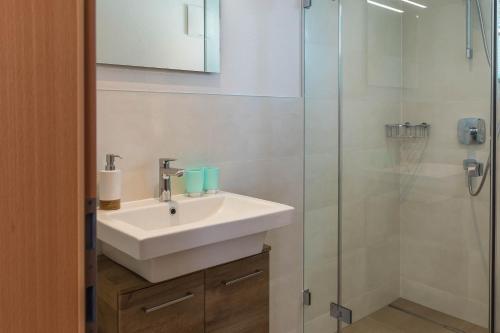 a bathroom with a sink and a glass shower at Apartment im Huggn in Fulpmes