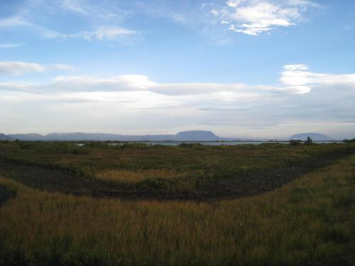 a field of grass with mountains in the background at Hlid Cottages in Myvatn