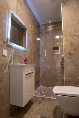 a bathroom with a toilet and a sink and a shower at Guest House Hendek in Sarajevo