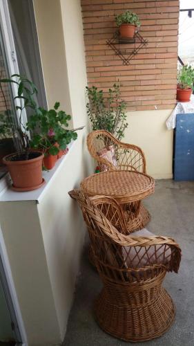 Un patio con dos sillas de mimbre y plantas en macetas. en Apartament cu 2 camere, en Călimăneşti