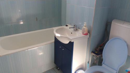 a bathroom with a sink and a toilet and a tub at Apartament cu 2 camere in Călimăneşti