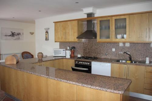 a kitchen with wooden cabinets and a counter top at 'Casa do Afonso' in Esposende