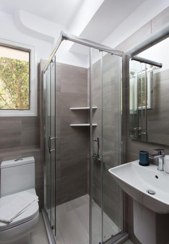 a bathroom with a shower and a toilet and a sink at Venetia Apartments in Monemvasia