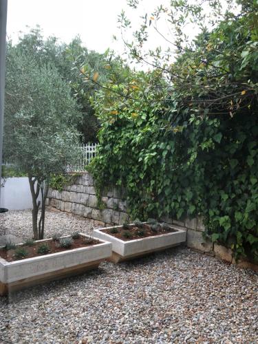 two raised garden beds in front of a wall at Hotel Jadran in Split