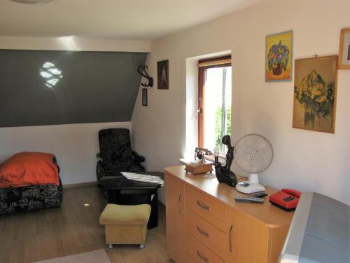 a bedroom with a desk and a bed and a dresser at Podelniska in Porąbka