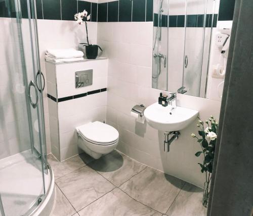 a bathroom with a toilet and a sink and a shower at poznańska19 in Nowy Tomyśl
