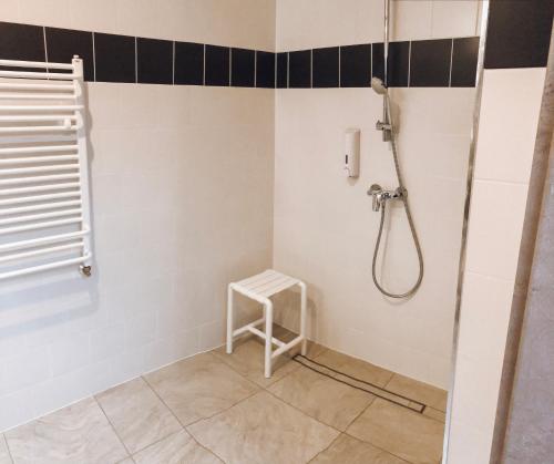 a bathroom with a shower and a stool at poznańska19 in Nowy Tomyśl