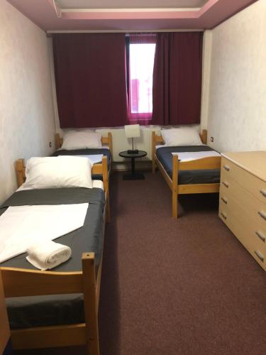 a dorm room with three beds and a desk at Motel Sofia in Sežana